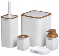 ZESTAW ŁAZIENKOWY KWADRATOWY 5 ELEM. BIAŁY / DREWNO KOMPLET DO TOALETY 