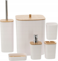 ZESTAW ŁAZIENKOWY KWADRATOWY 6 ELEM. BIAŁY Z BAMBUSEM KOMPLET DO TOALETY